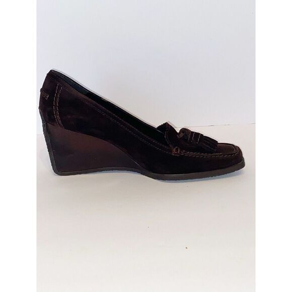 Stuart Weitzman Wedge Loafer Heel Suede Tassel Size 7 Classic Brown Y2K Retro - Picture 10 of 16